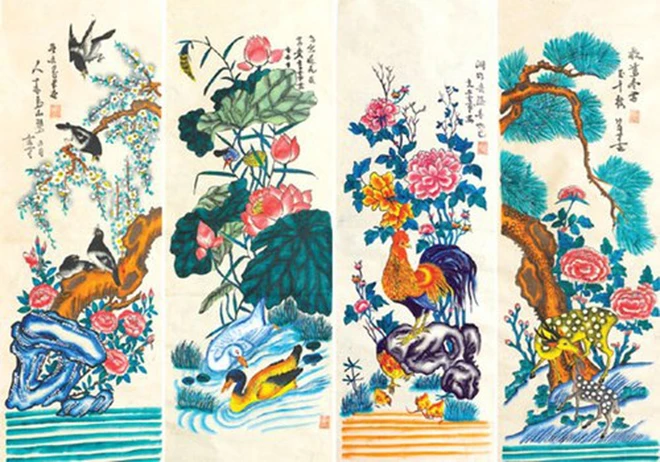 Bộ Tứ bình của dòng tranh Hàng Trống.(Nguồn:Vietnam+) Tranh dân gian Hàng Trống - Một nét văn hóa độc đáo xứ Hà Thành ảnh 2